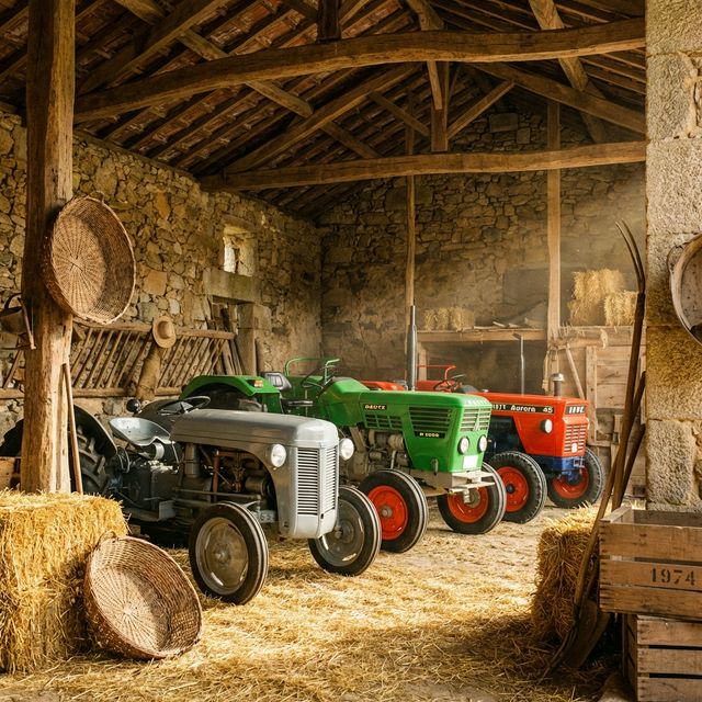 Three beautifully restored classic tractors in a rustic barn