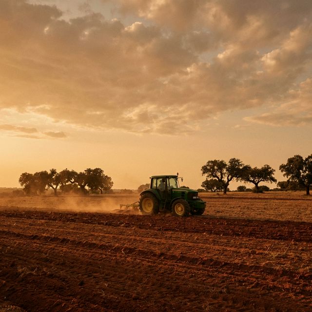 Alentejo plains at golden hour with a tractor working the red earth