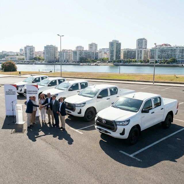 Five Toyota Hilux pickup trucks lined up for the donation handover
