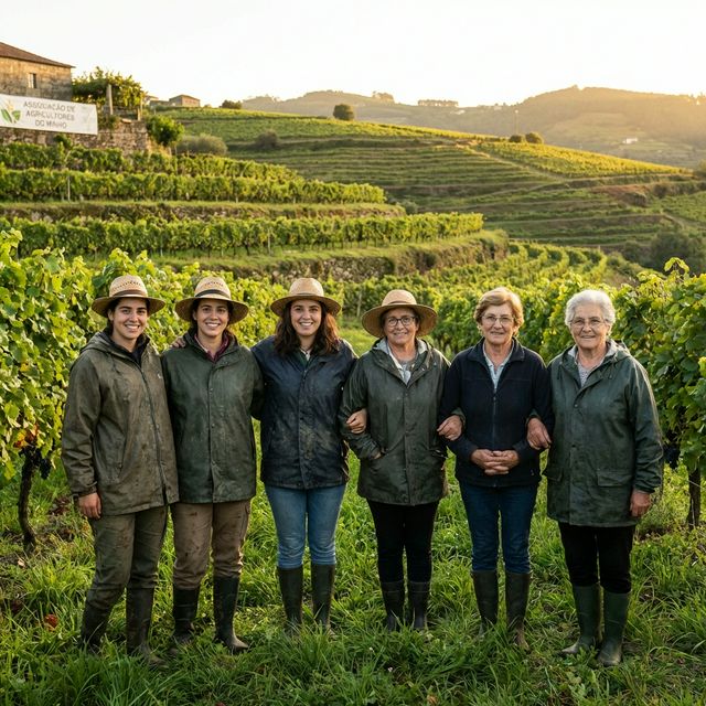 Six women farmers standing proudly in a Minho vineyard